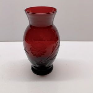 Vintage etched ruby red glass floral vase